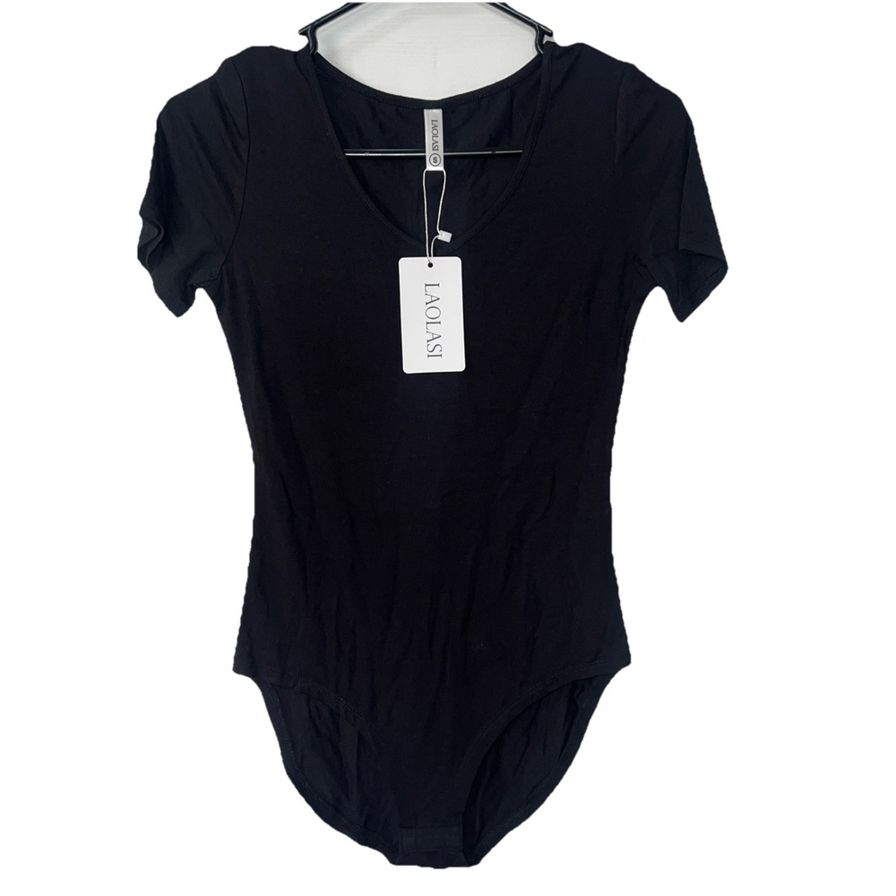 Laolasi Women's Black Short Sleeve‎ Snap Crotch Bodysuit Size Small-New